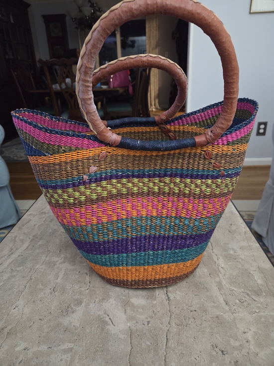 Source Unknown Handbags - Handwoven Multicolor Straw Tote Bag with Leather Handles